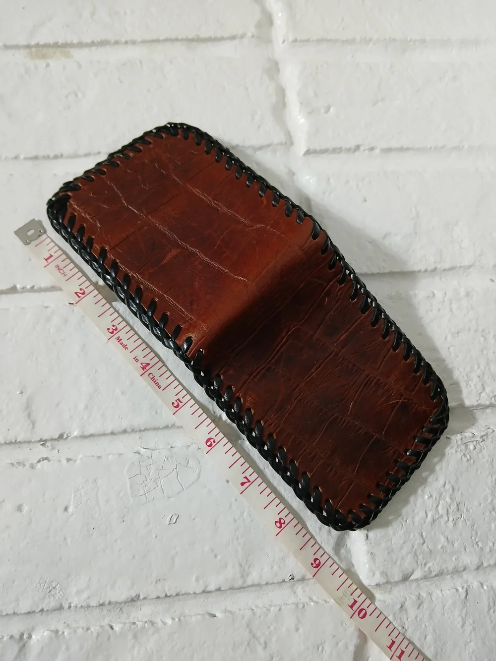 Brown‎ Croc-Embossed Leather Bifold Wallet with Black Whipstitch Trim